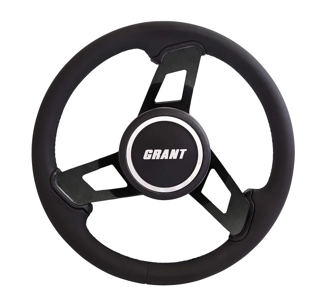 670-1-BS-A – GRANT Steering Wheel, 14 Inch Diameter 3 Spoke Wrapped With Premium Material Black Anodized Aluminum Spo...